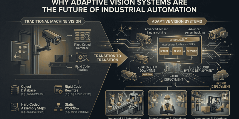 Infographic comparing traditional machine vision versus adaptive vision systems powered by Techsaltants AI Solutions, highlighting Vision Agent logic modules, zero system downtime, edge and cloud hybrid deployment, and industrial AI automation use cases across manufacturing, warehousing, and safety compliance