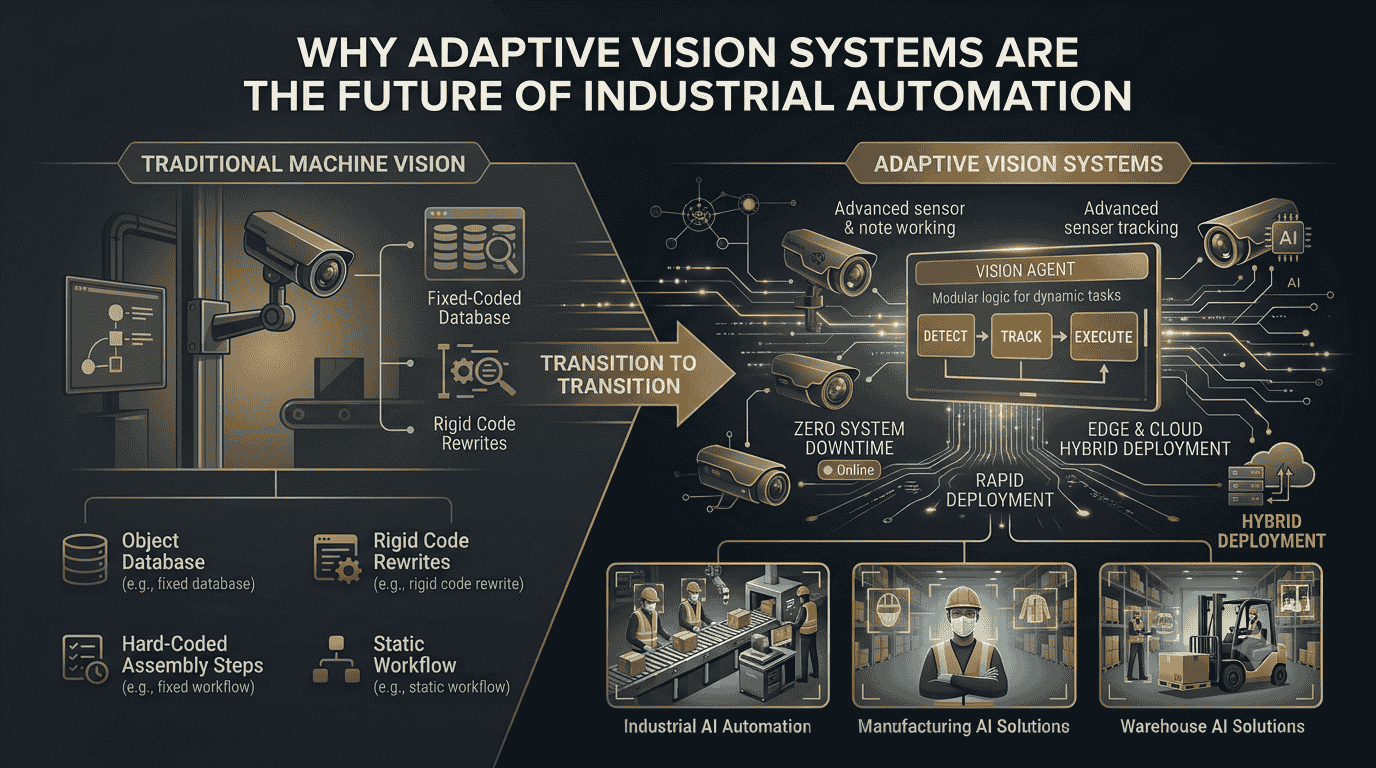 Infographic comparing traditional machine vision versus adaptive vision systems powered by Techsaltants AI Solutions, highlighting Vision Agent logic modules, zero system downtime, edge and cloud hybrid deployment, and industrial AI automation use cases across manufacturing, warehousing, and safety compliance