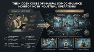 Infographic highlighting the transition from manual SOP monitoring to automated Vision AI compliance by Techsaltants AI Solutions, showing the costs of manual audits versus real-time automated video analytics, defect tracking, and workplace PPE safety monitoring