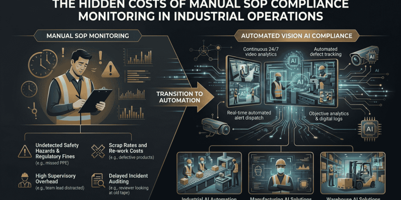 Infographic highlighting the transition from manual SOP monitoring to automated Vision AI compliance by Techsaltants AI Solutions, showing the costs of manual audits versus real-time automated video analytics, defect tracking, and workplace PPE safety monitoring