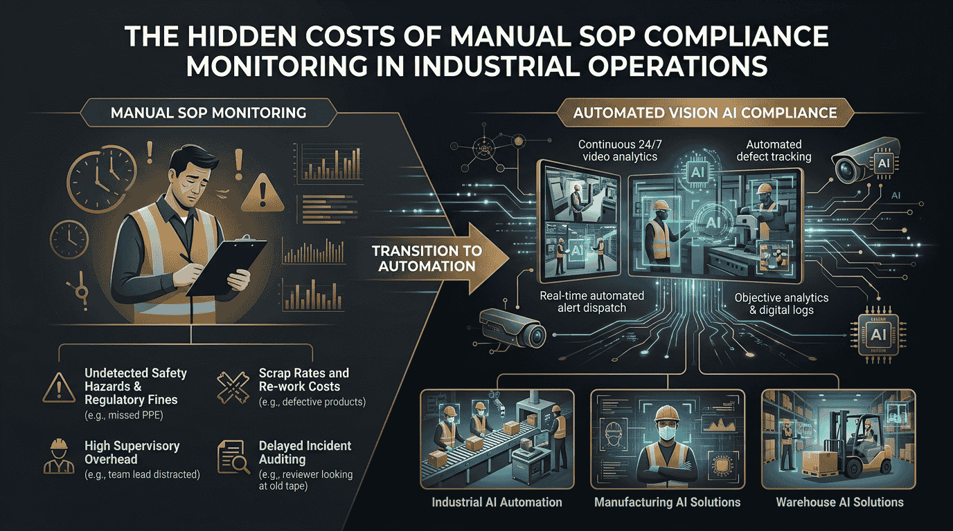 Infographic highlighting the transition from manual SOP monitoring to automated Vision AI compliance by Techsaltants AI Solutions, showing the costs of manual audits versus real-time automated video analytics, defect tracking, and workplace PPE safety monitoring