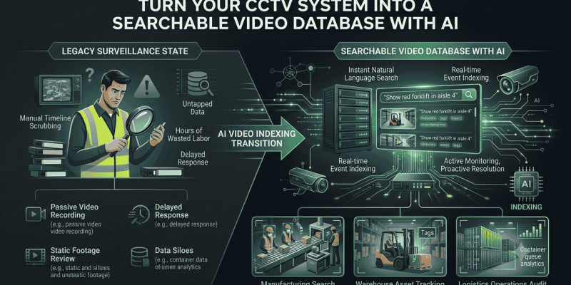 Infographic showing how to convert passive CCTV surveillance into a searchable video database using Techsaltants AI Solutions, featuring natural language prompt queries, real-time metadata indexing, edge gateway integration, and comparisons between legacy NVR systems and smart AI surveillance