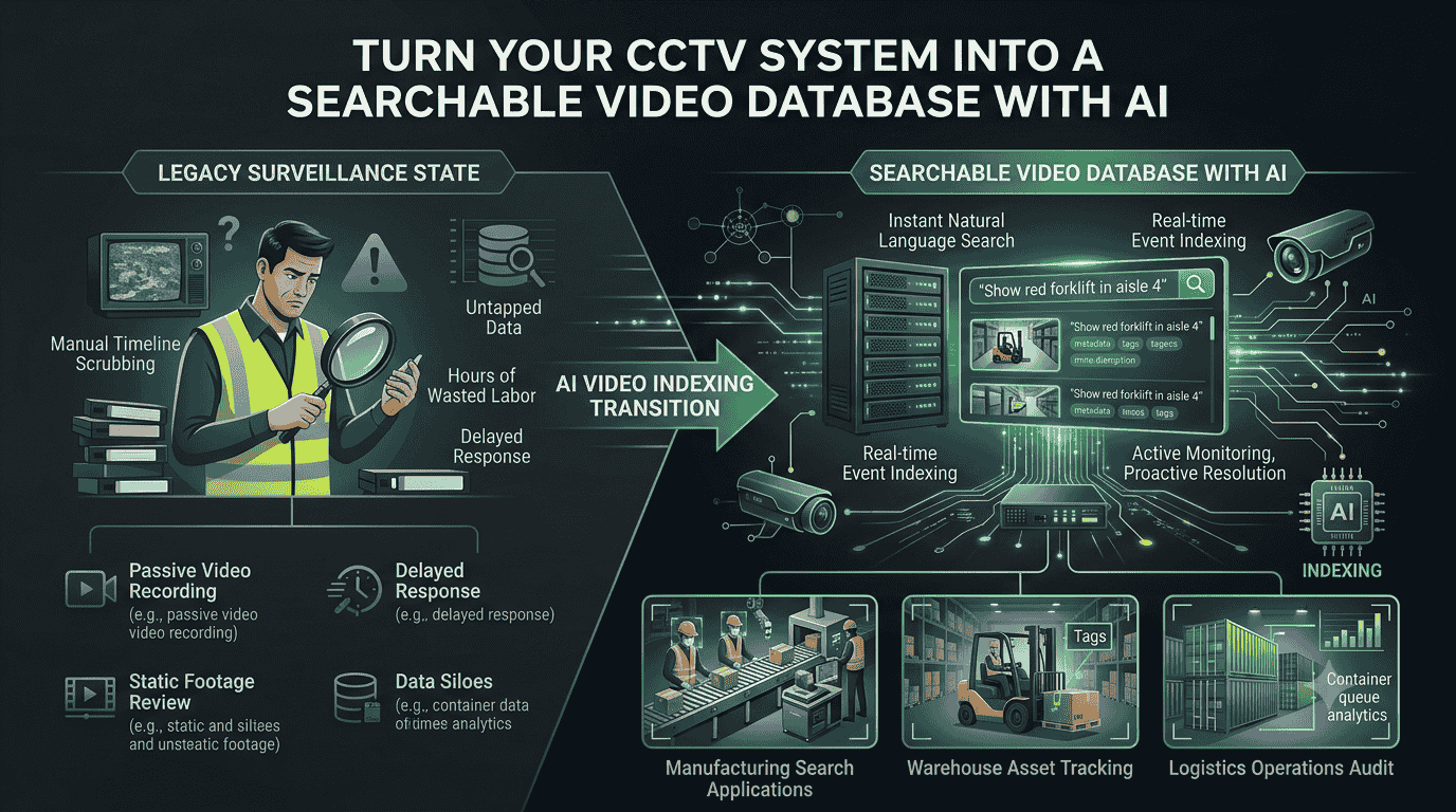 Infographic showing how to convert passive CCTV surveillance into a searchable video database using Techsaltants AI Solutions, featuring natural language prompt queries, real-time metadata indexing, edge gateway integration, and comparisons between legacy NVR systems and smart AI surveillance