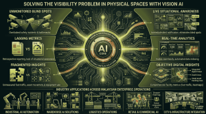 Infographic detailing how to solve physical space visibility problems using Vision AI by Techsaltants AI Solutions, illustrating real-time video analytics, automated alert notifications, objective digital metrics, and enterprise applications across industrial automation, warehousing, logistics, and retail