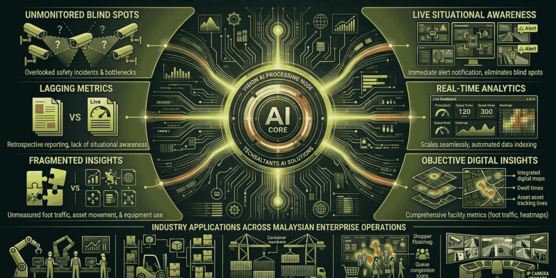 Infographic detailing how to solve physical space visibility problems using Vision AI by Techsaltants AI Solutions, illustrating real-time video analytics, automated alert notifications, objective digital metrics, and enterprise applications across industrial automation, warehousing, logistics, and retail