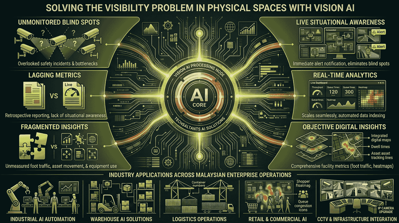 Infographic detailing how to solve physical space visibility problems using Vision AI by Techsaltants AI Solutions, illustrating real-time video analytics, automated alert notifications, objective digital metrics, and enterprise applications across industrial automation, warehousing, logistics, and retail