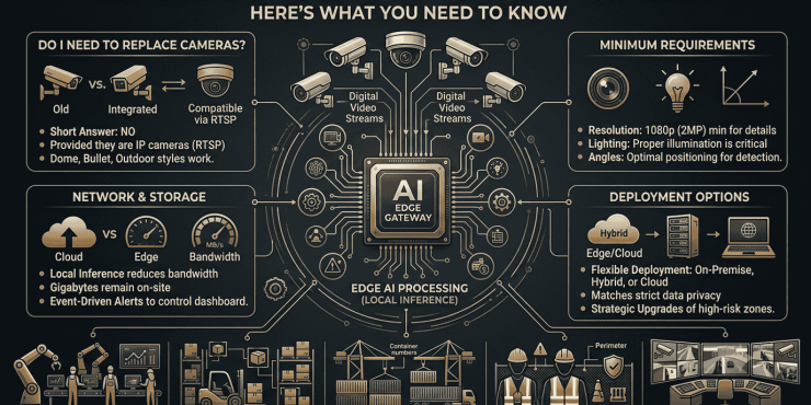 Infographic detailing Vision AI CCTV integration and Edge AI processing requirements by Techsaltants AI Solutions, showing IP camera compatibility, bandwidth optimization, local inference, and industry use cases including manufacturing, warehouse, and construction site safety