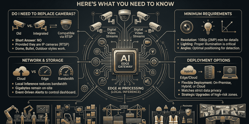 Infographic detailing Vision AI CCTV integration and Edge AI processing requirements by Techsaltants AI Solutions, showing IP camera compatibility, bandwidth optimization, local inference, and industry use cases including manufacturing, warehouse, and construction site safety